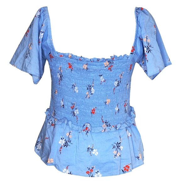 Madewell Blue Smocked Floral Peplum Top Size M - Picture 11 of 13